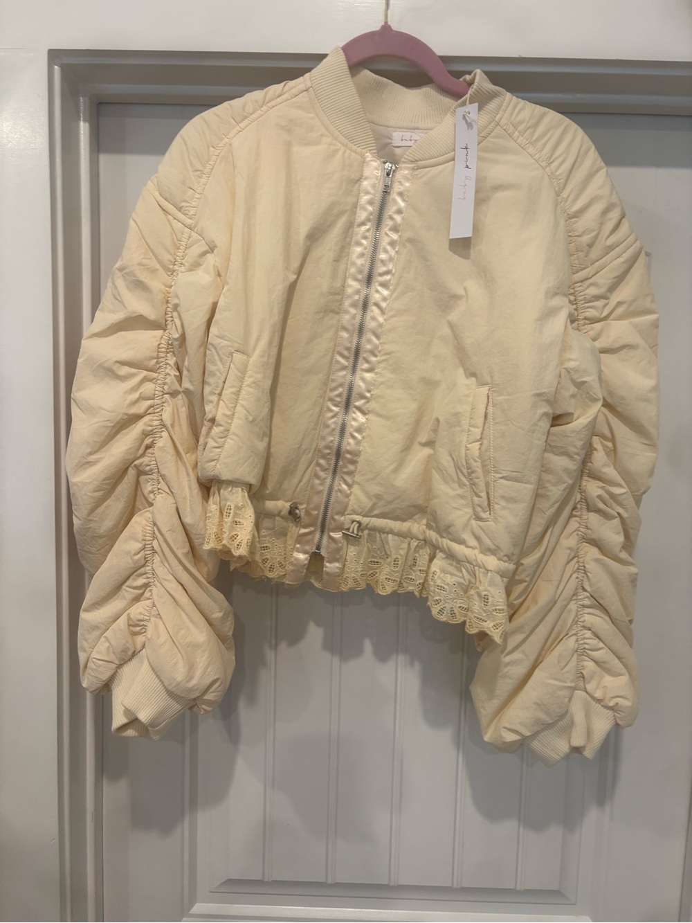 Baby Pink Ivory Ruched Balloon Sleeve Lace Bomber Jacket M